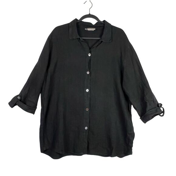 Hot Cotton by Marc Ware Button Up Top Women's L Black 100% Linen Lagenlook Beach - Picture 1 of 9